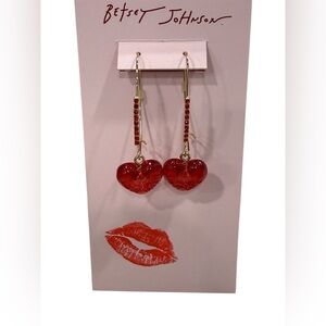 Betsey Johnson Red Heart Drop Earrings with Gold Hooks